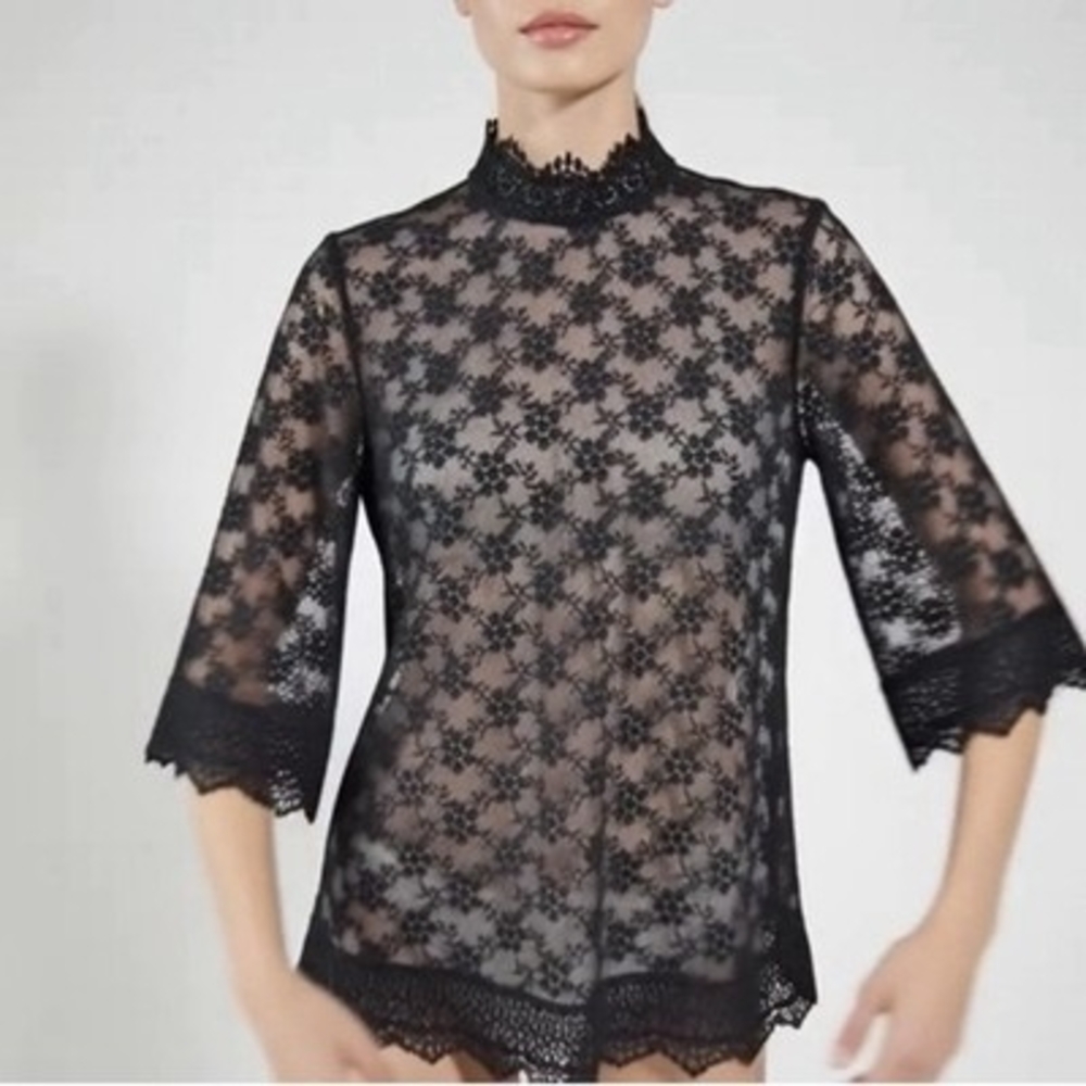 Marks & Spencer Black Lace Blouse Sheer Elegant Funnel Collar 3/4 Sleeve Size M